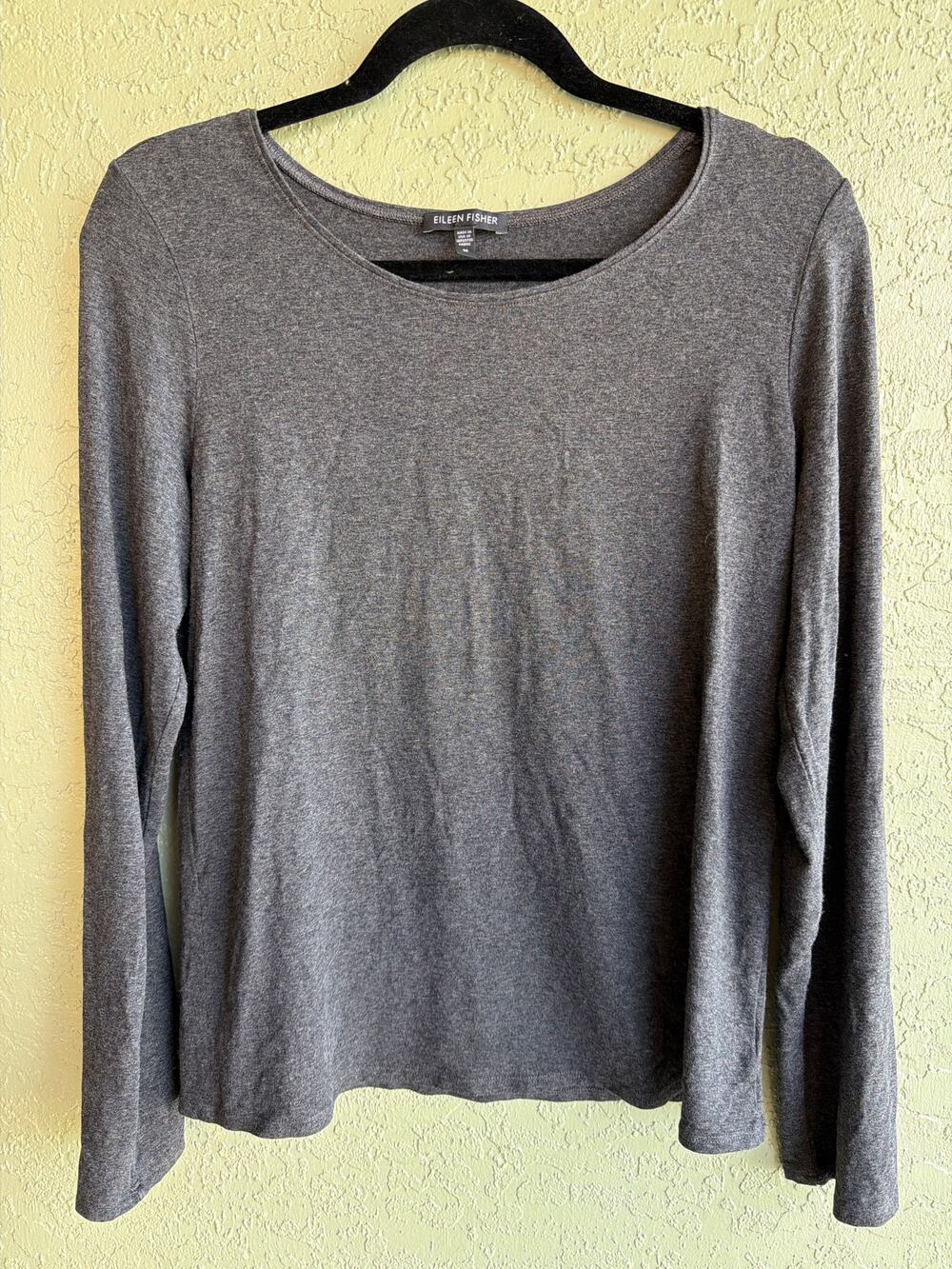 Eileen Fisher Long Sleeve Top Womens Medium Grey Stretch Heathered Basic Tee